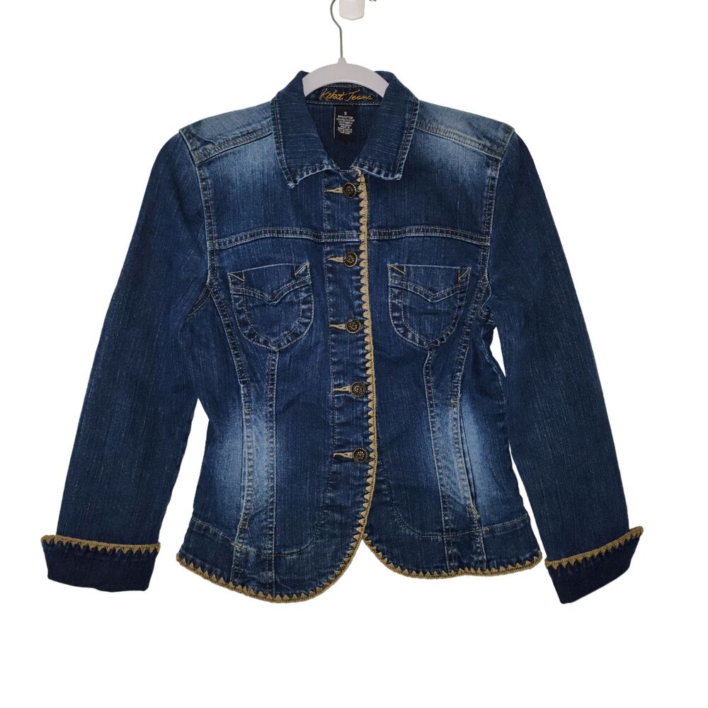 Vtg Kikit Jeans Denim Jacket Womens S Blue Crochet Blanket Stitch Trim Trucker